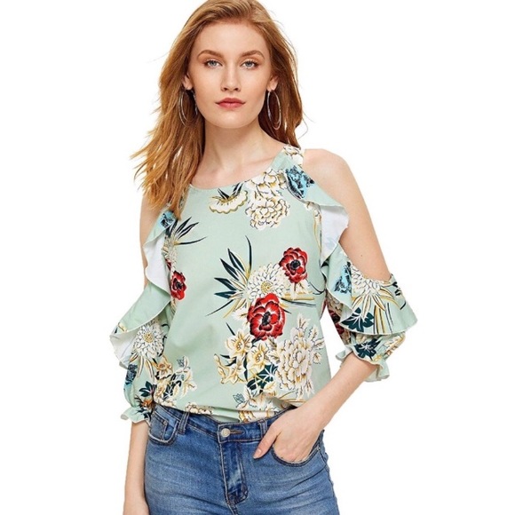 Cold Shoulder Ruffled Floral Blouse - Picture 7 of 7